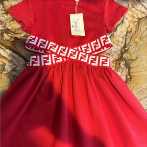 Fendi Kids Dress in Bold Red with Logo Accents